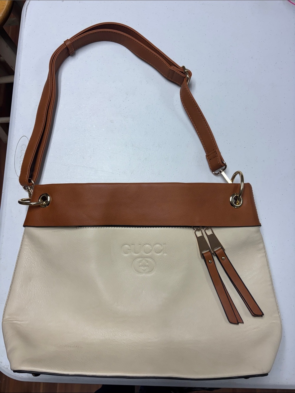 Gucci Cream and Tan Leather Shoulder Bag with Top Trim